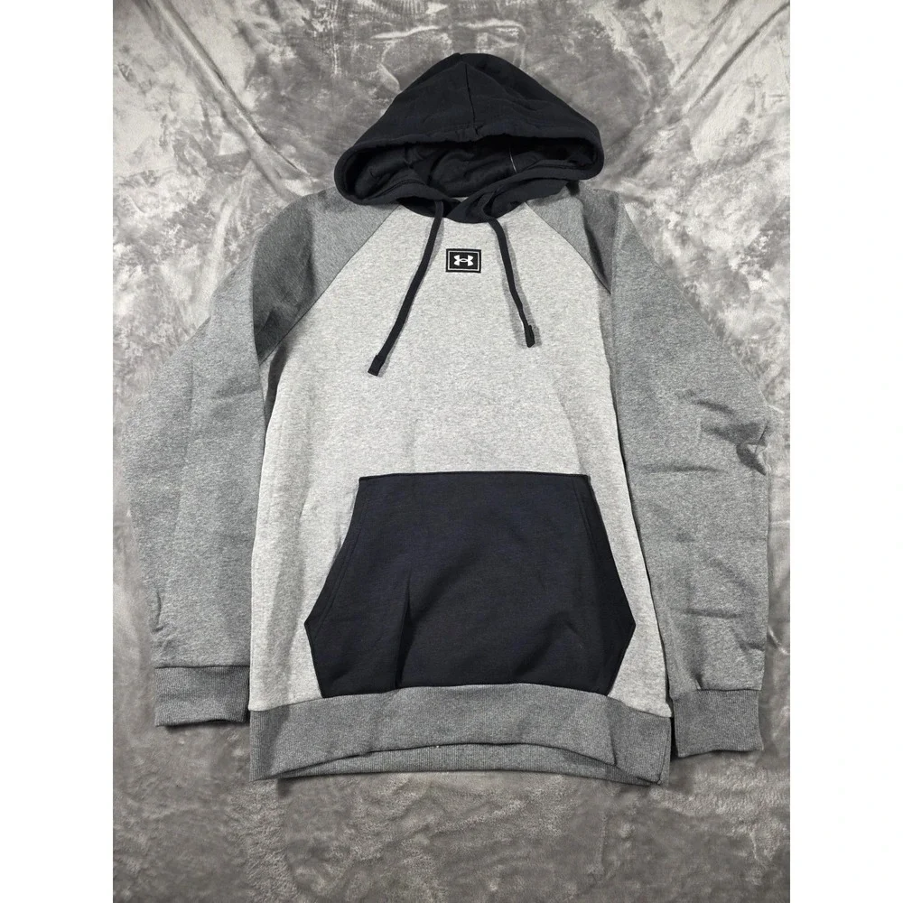 NWT Under Armour Rival Fleece Colorblock Mens Small Sweatshirt Hoodie Gray/Black